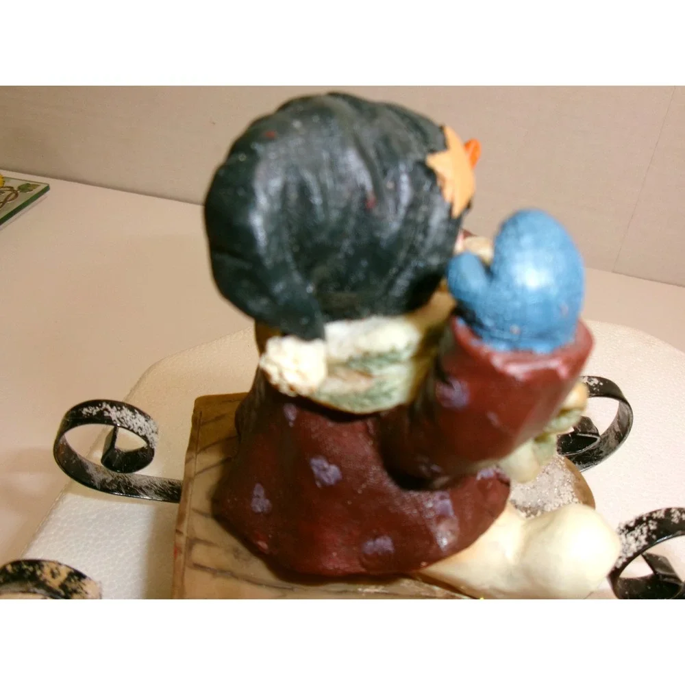 Snowman Set‎ of 3 Figurines Resin with Cherry Pie, Glass & Sledding Vintage